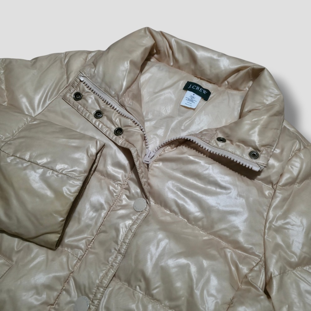 J Crew Down‎ Zip Puffer Coat Jacket Cream Beige Womens Medium Snap Button - Picture 2 of 12